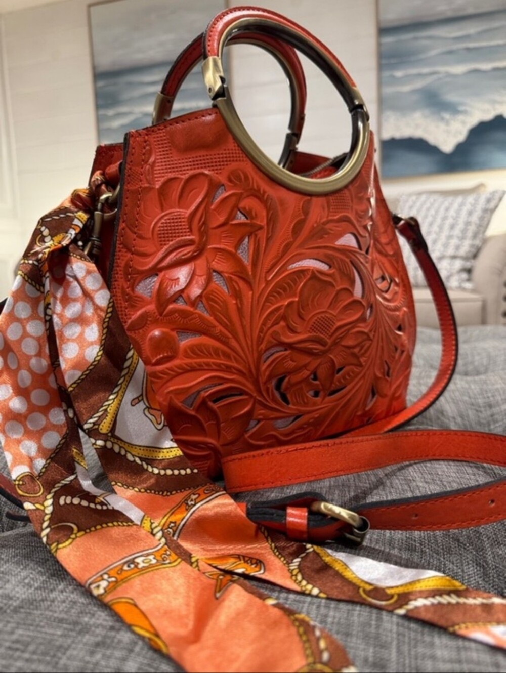 Patricia Nash Bag Aria Double Ring Orange Leather Floral Laser Cut Crossbody - Picture 2 of 16